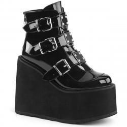 Bottines low boots gothique noires vernis triple boucles femme Demonia Cult