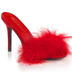 MULES D'INTERIEUR A PLUME ROUGE ET TALON AIGUILLE rouge petite et grande taille