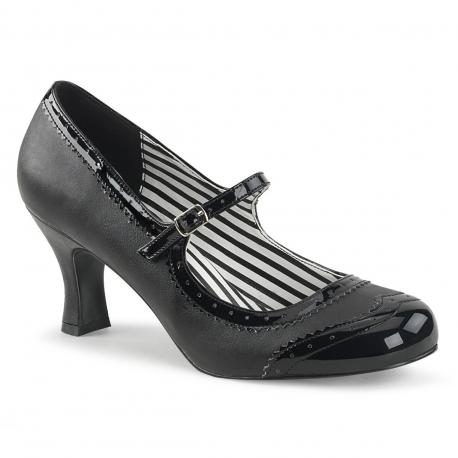 Chaussure pin up noir mat et vernis à bout rond fleuri et talon bobine rétro