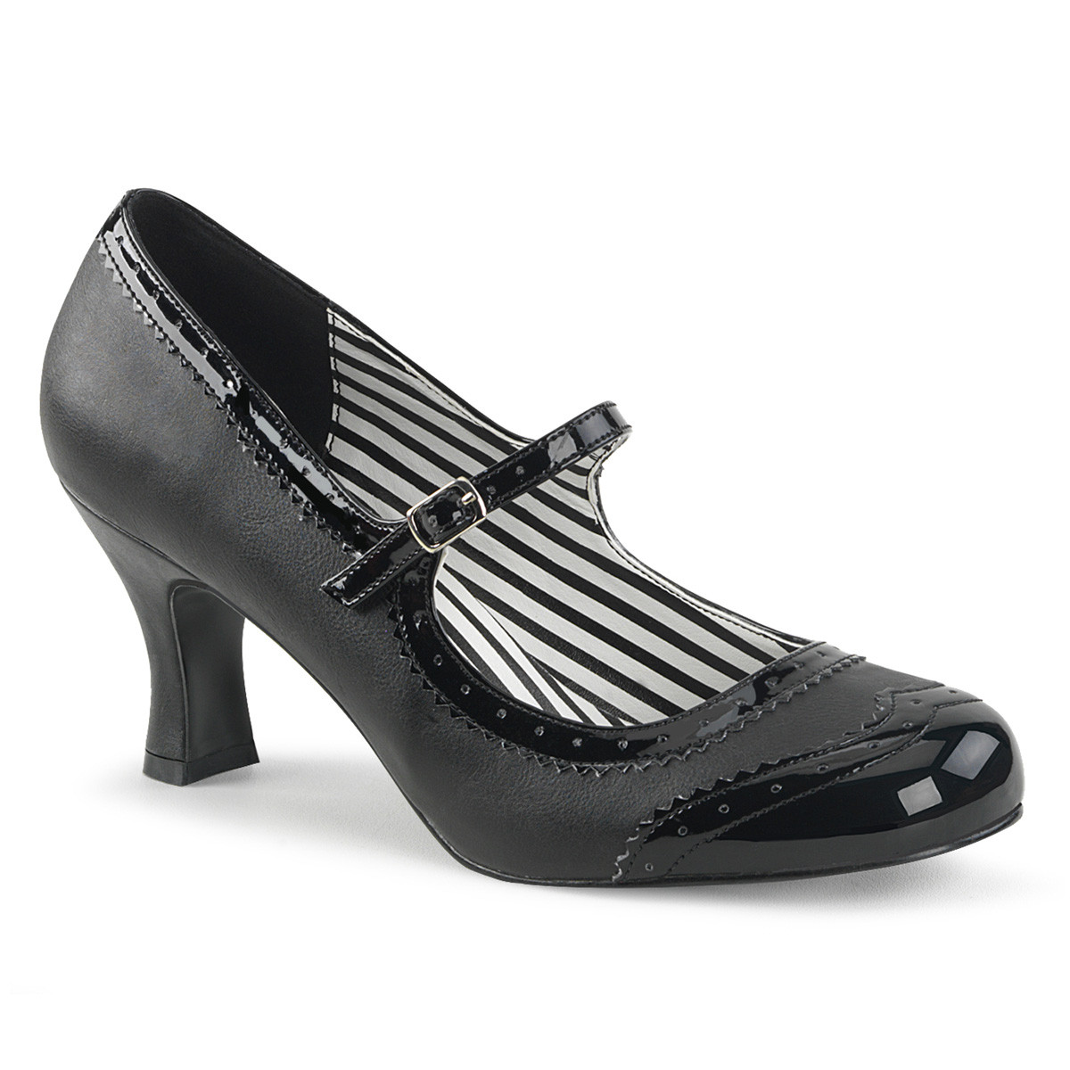 Chaussure pin up noir mat et vernis bout rond fleuri et talon