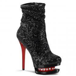 Bottine à sequins noir avec talon aiguille rouge 15 cm et plateforme à strass