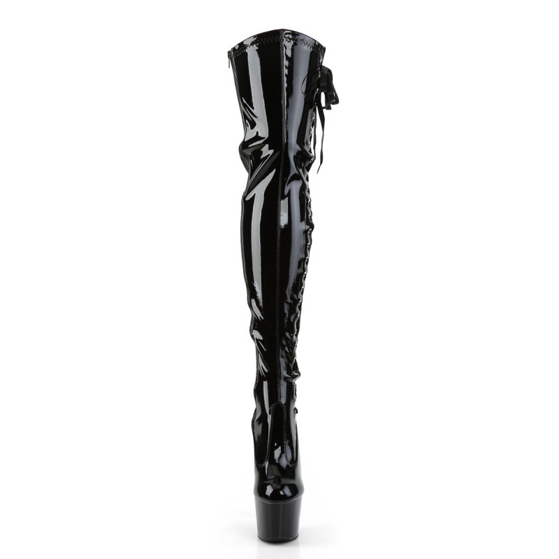 Cuissardes talon aiguille sexy a plateforme avec lacets corset lateral en vinyle noir