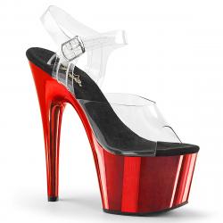 Sandale pole dance transparente à plateforme rouge chromée et talon 18 cm Pleaser