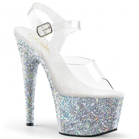 Sandale pole exotic transparente avec plateforme à paillettes argentée | Adore