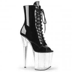 Bottine pole dance peep toe noire vernie à plateforme plexi et talon 20 cm Pleaser