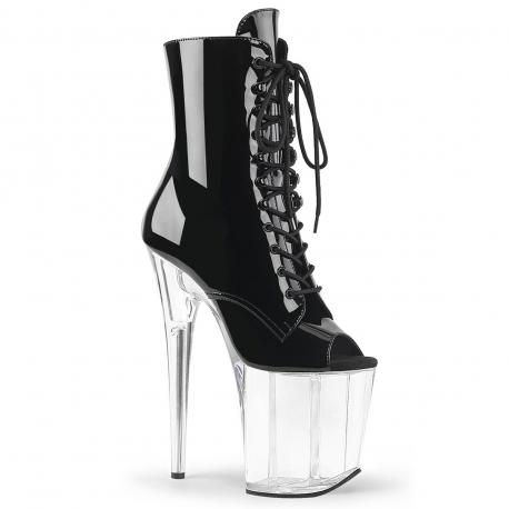 Bottine pole dance peep toe noire vernie à plateforme plexi et talon 20 cm Pleaser