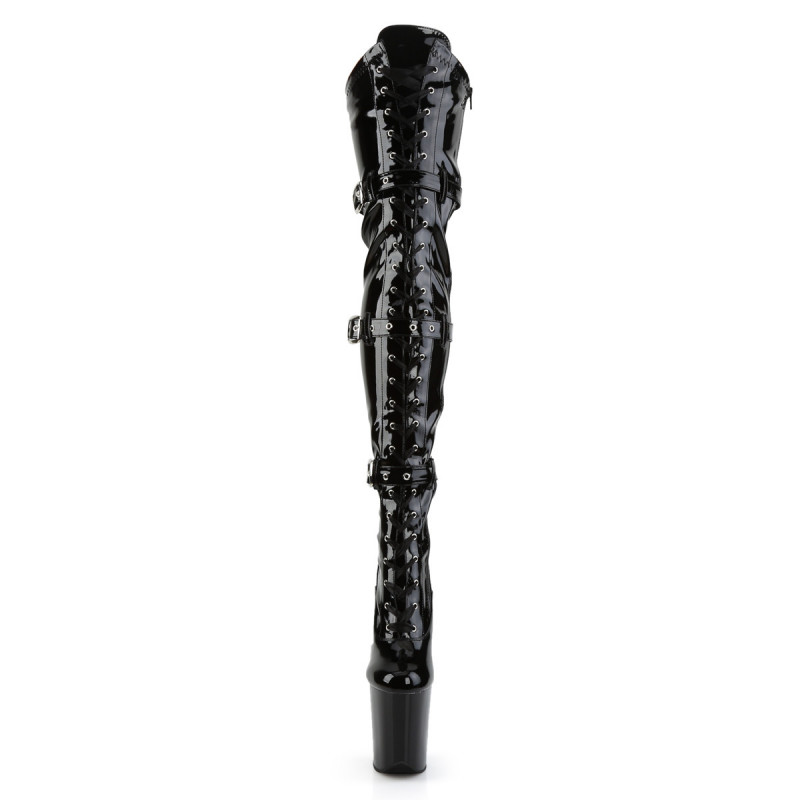 Cuissarde noire vinyl talon aiguille 20 cm et plateforme 10 cm lacet