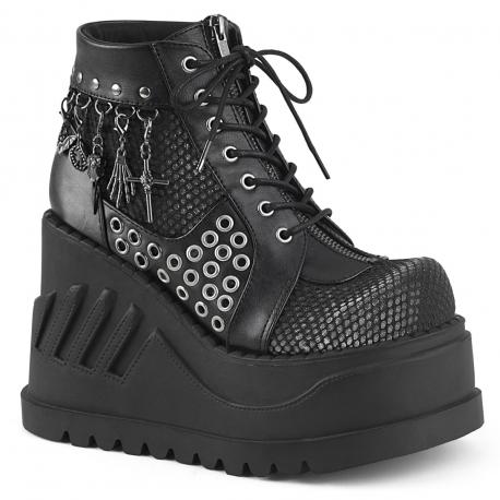 Chaussures Plateforme Gothique Demonia Cult Stomp-18 - Bottines Wedge Fishnet Charms
