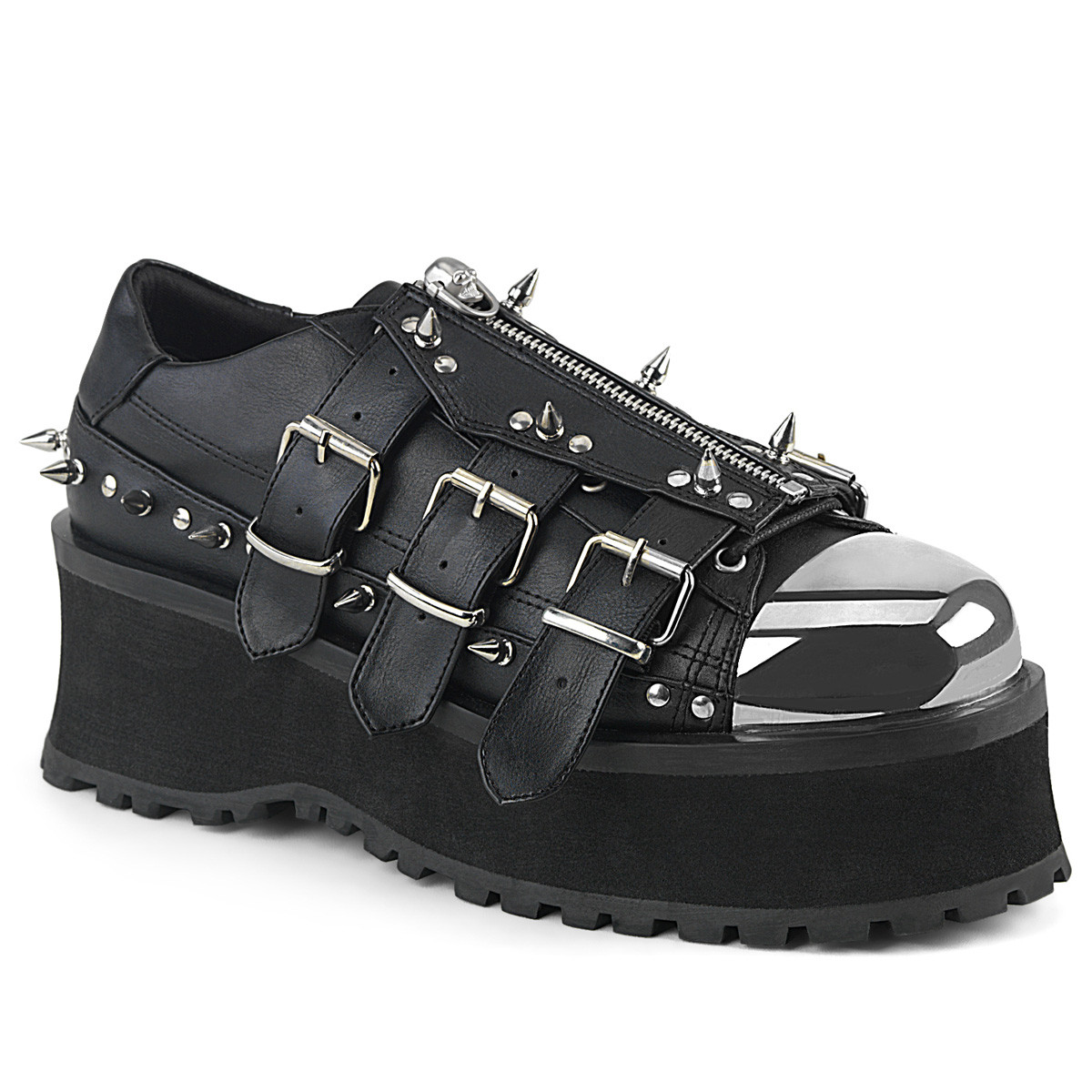 Chaussure gothique compensée homme noire avec coque chromée, boucles,  pointes