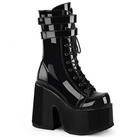 Botte gothique mi-mollet noire vernis pour femme à plateforme et gros talon Chunky