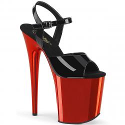 Sandale talon 20 cm noire vernis à plateforme rouge chromée Pleaser