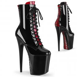 Bottine pole dance noire et rouge vernis à plateforme assortie et talon 20 cm Pleaser