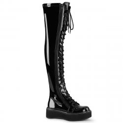 Botte genouillère gothique haute noire vernis compensée 5 cm| Demonia femme