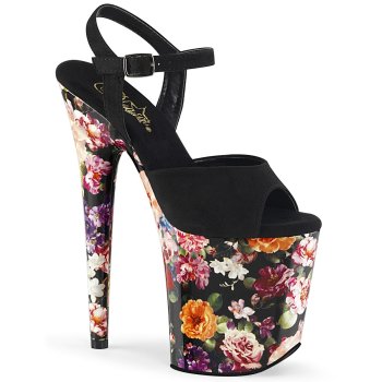 Chaussure pole dance noire suédine 20cm - Plateforme fleurie - CLePied