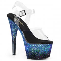 Sandale pole dance transparente a plateforme bleu pailleté | Pleaser haut talon