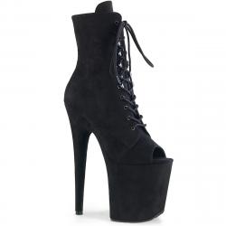Bottine pole dance peep toe en suédine noire à plateforme assortie et talon 20 cm Pleaser
