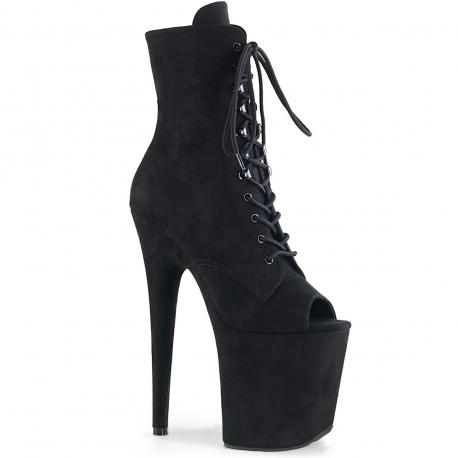 Bottine pole dance peep toe en suédine noire à plateforme assortie et talon 20 cm Pleaser