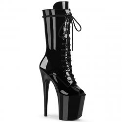 Bottine pole dance peep toe noire vernie à plateforme assortie et talon 20 cm Pleaser