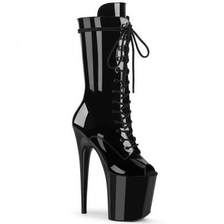 Bottine pole dance peep toe noire vernie à plateforme assortie et talon 20 cm Pleaser
