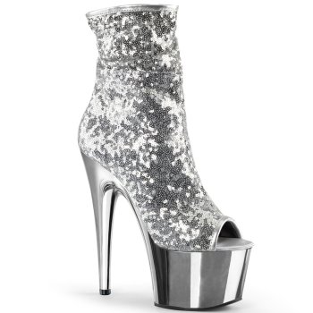 Bottines plateformes peep toes argentées à sequins talon 18 cm – Pleaser
