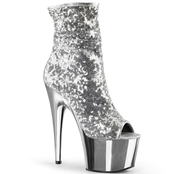 Bottines plateformes peep toes argentées à sequins talon 18 cm – Pleaser