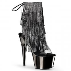 Chaussure pole dance peep toe noire et argentée strass et franges cristal à talon aiguille | Adore