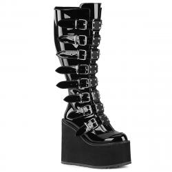 Botte gothique compensée noire vernie femme à sangles et spéciale mollets larges