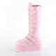 Chaussures Gothiques Demonia Damned-318 - Bottes Rose Pastel Holographiques 8 Boucles Genou