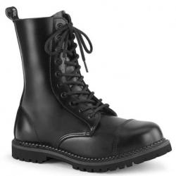 Rangers gothique Demonia en cuir noir à lacets 10 trous, bout coque métal | Unisexe