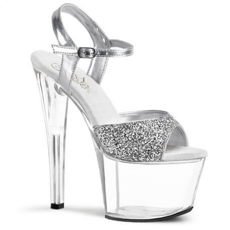 Sandale pole exotic argent pailletée à plateforme plexi et talon 18 cm SKY310/SG/C