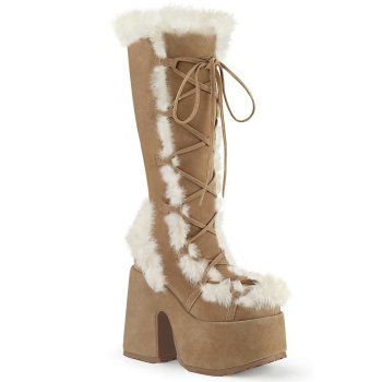 Chaussures Gothiques Femme Demonia Cult CAM311 - Bottes haute Fourrure Camel à Lacets