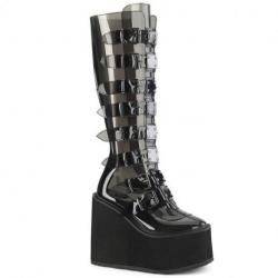 Botte gothique transparente compensée femme à sangles et plaques métalliques