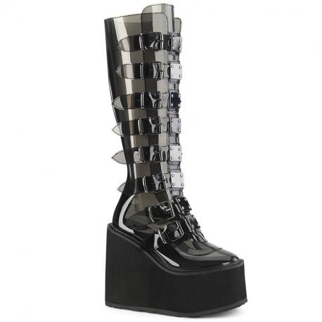 Botte gothique transparente compensée femme à sangles et plaques métalliques