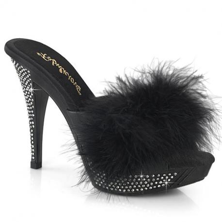 Mule noire avec plumes et strass sur haut talon sexy de 11 cm