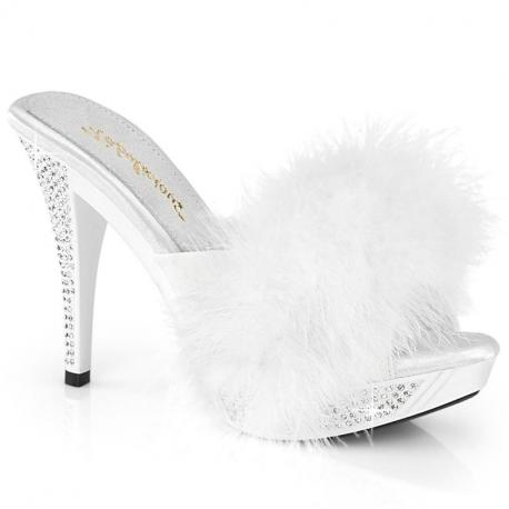 Mule à plumes blanches avec strass sur haut talon