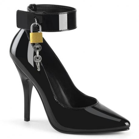 Escarpin Verni Noir avec Cadenas | Bride Cheville Dominatrice et talon 12 cm