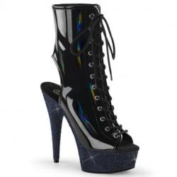 Bottine pole exotic ouverte noire vernie à plateforme strass et talon 18 cm Pleaser