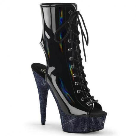 Bottine pole exotic ouverte noire vernie à plateforme strass et talon 18 cm Pleaser