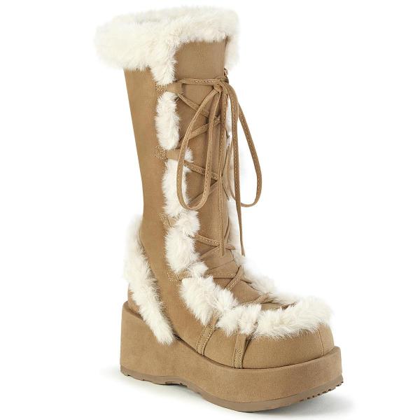 Chaussures Gothiques Femme Demonia Cult Cubby-311 - Bottes Compensées Fourrure Camel