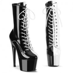 Chaussure pole dance blanche et noire vernie à talon aiguille | Adore