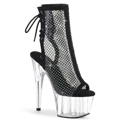 Chaussure pole dance ouverte transparente avec résille et strass à talon aiguille | Adore