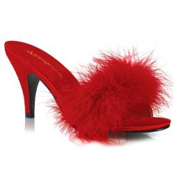 Mule pompon plume rouge à talon de 7 cm petite taille 35 1/2 promo