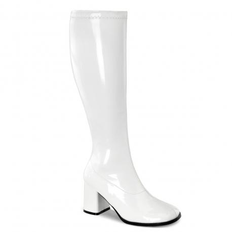 Botte blanche vernis femme à talon carré spéciale mollet large taille 38