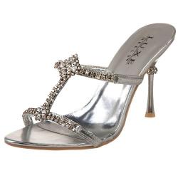 Mule bijou argentée strass à talon stiletto chromé Promo