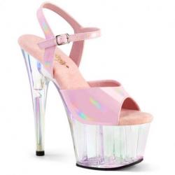Sandale pole dance rose holographique vernie à plateforme plexi et talon 18 cm Pleaser