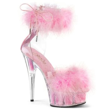Sandale plumes roses à plateforme plexi et talon 15 cm Pleaser