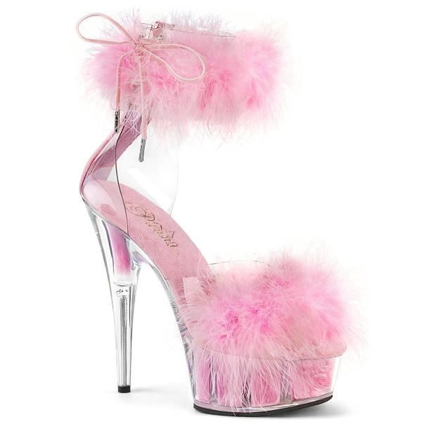Sandale plumes roses à plateforme plexi et talon 15 cm Pleaser