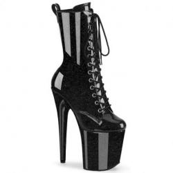 Bottine pole dance noire vernis pailletée à plateforme assortie et talon 20 cm Pleaser
