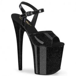 Sandale pole dance noire vernie à plateforme assortie et talon 20 cm Pleaser FLAM809GP