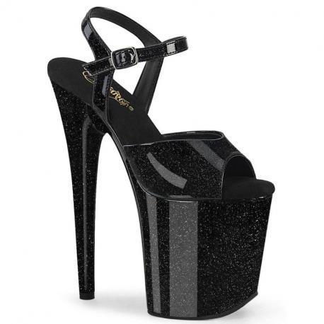 Sandale pole dance noire vernie à plateforme assortie et talon 20 cm Pleaser FLAM809GP